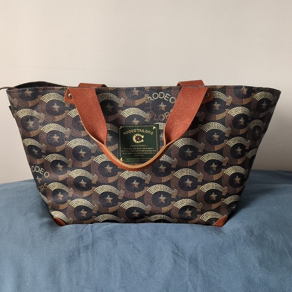 Brown and Blue Camouflage Tote with Leather Straps